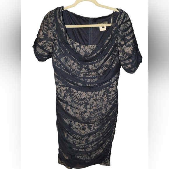Tadashi Shoji Mesh Silk Overlay Embroidered Sheath Dress - Picture 2 of 4